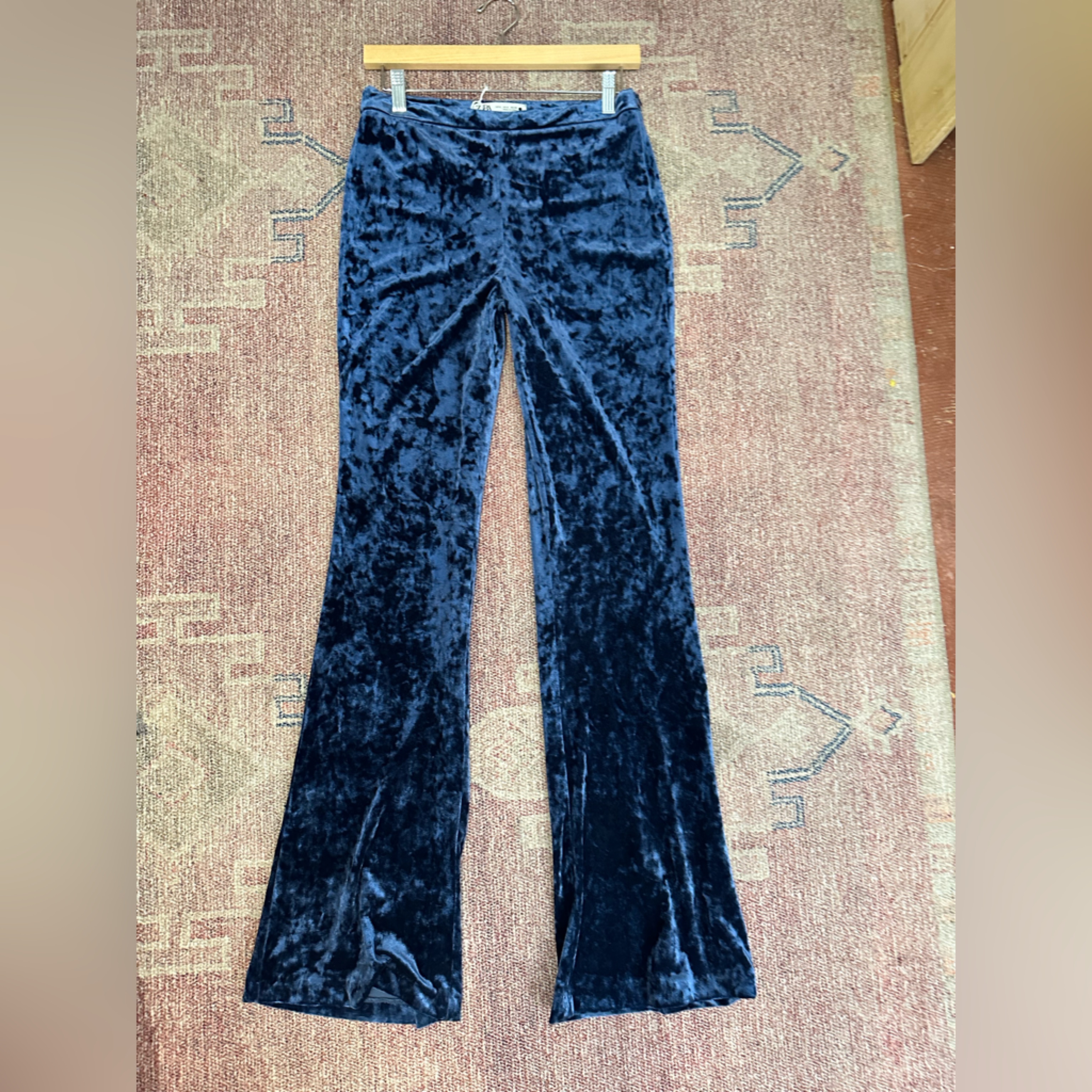 Zara Blue Velvet Stretch Flare Leg Pants Small Tall Like New